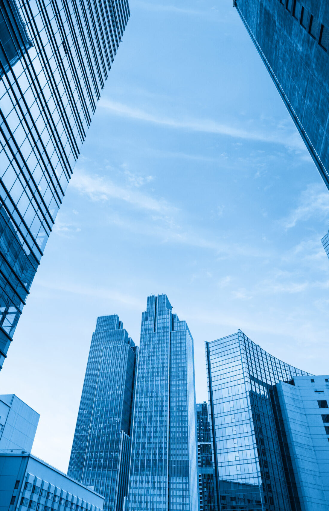 Looking,Up,Blue,Modern,Office,Building